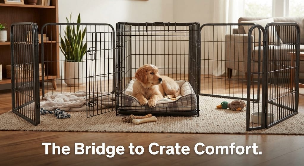 Playpen + crate setup photo Open crate inside playpen, dog with choice. Text: "The bridge to crate comfort."