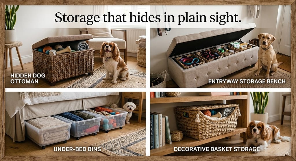 Hidden storage collage Ottoman, storage bench, under-bed bins. Text: "Storage that hides in plain sight."