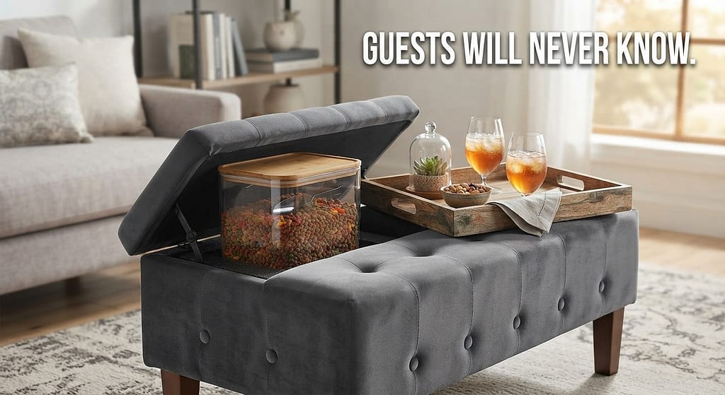 Ottoman with tray photo Ottoman with wooden insert, drinks on top. Text: "Guests will never know."