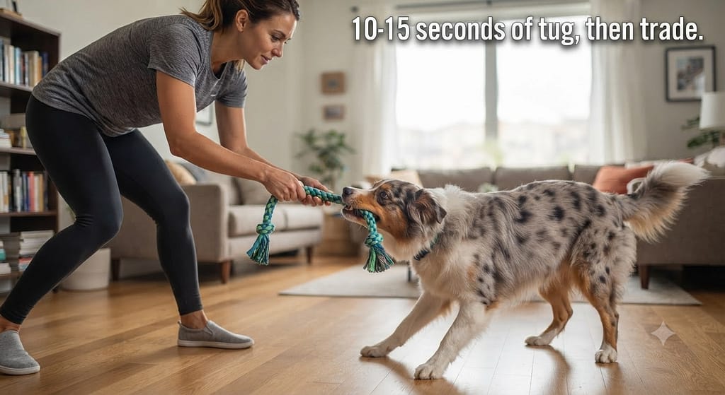 Stair action photo Dog running up stairs, owner supervising. Text: "3-5 reps. Only for fit d
