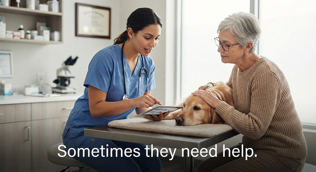 Vet consultation photo Owner and vet discussing options. Text: "Sometimes they need help."
