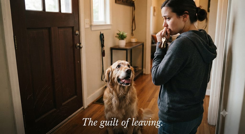 Emotional "guilt" photo Owner at door, keys in hand, dog staring with anxious eyes, panting. Text: "The guilt of leaving."