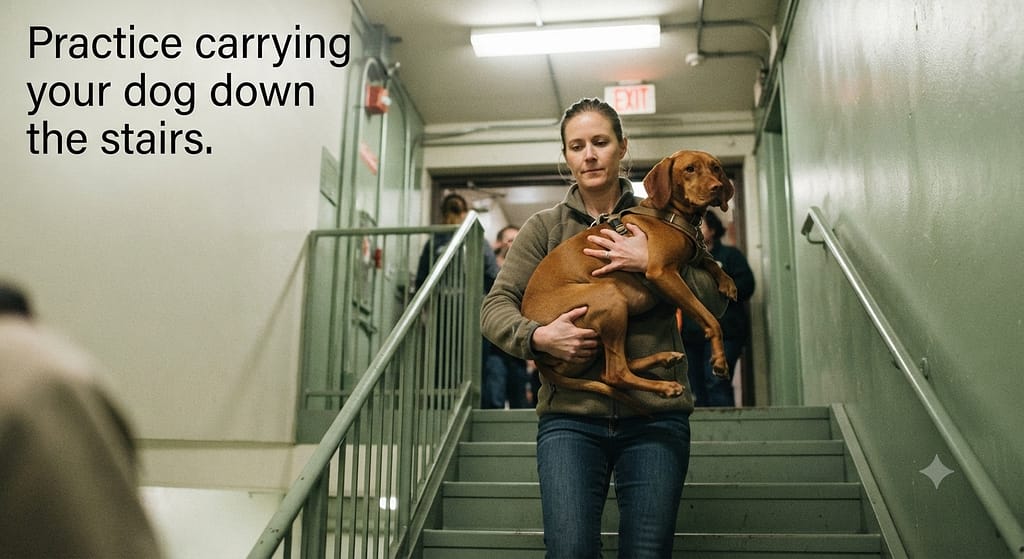 Stairwell evacuation photo Owner carrying dog down stairwell. Text: "Practice carrying your dog down the stair