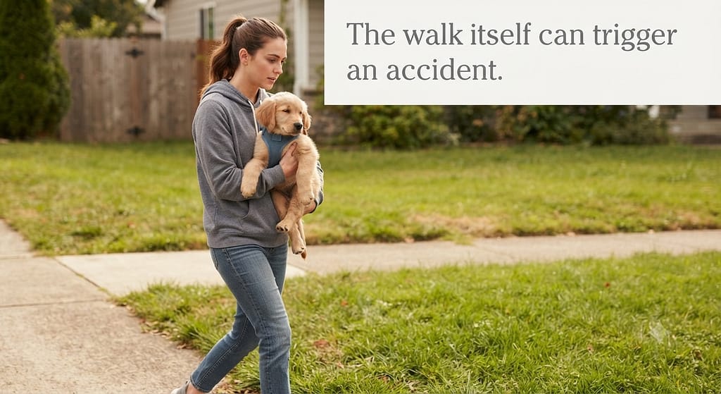 Carrying puppy photo Owner carrying puppy to potty spot. Text: "The walk itself can trigger an accident."