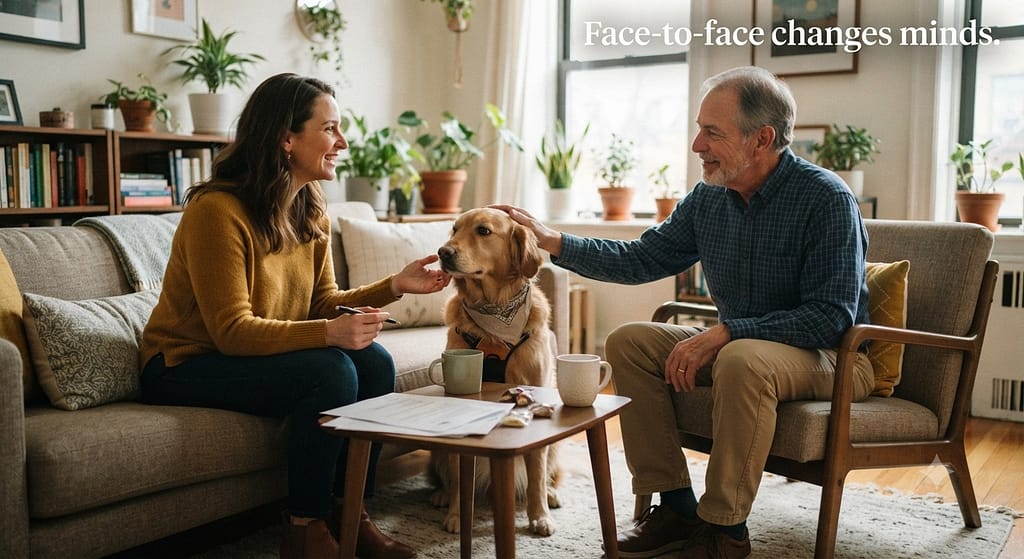 Pet interview photo Owner, dog, and landlord meeting in apartment. Text: "Face-to-face changes minds."
