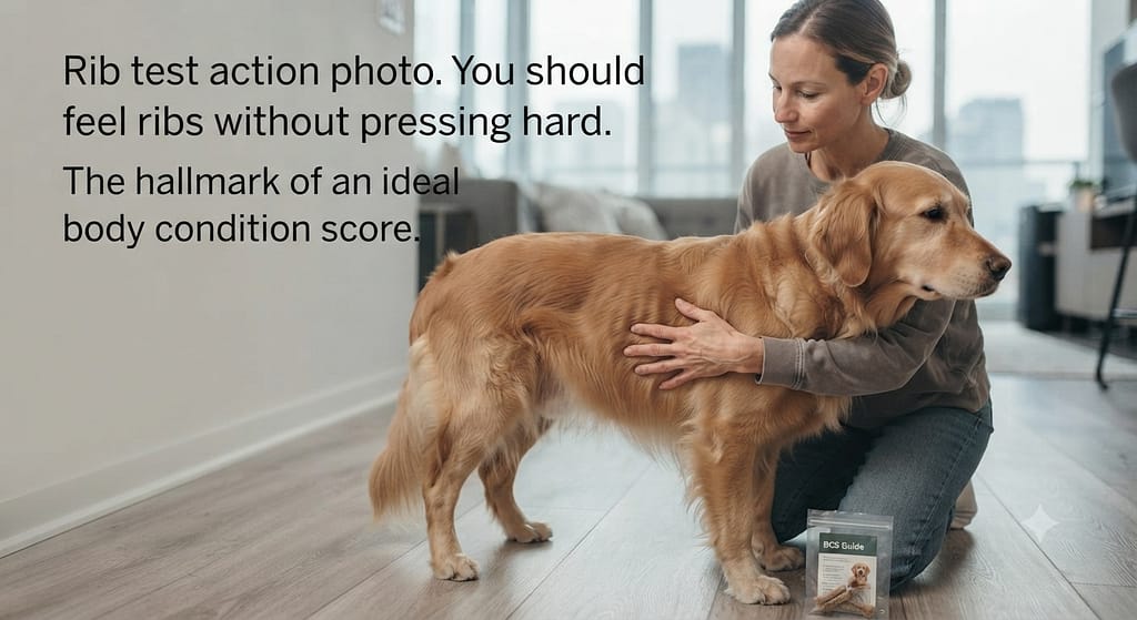 Rib test action photo Owner feeling dog's ribs. Text: "You should feel ribs without pressing hard."