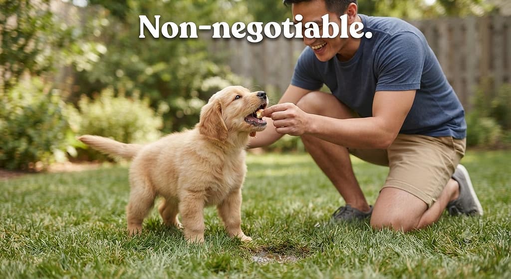 Celebration action photo Owner giving high-value treat as puppy finishes. Text: "Non-negotiable."