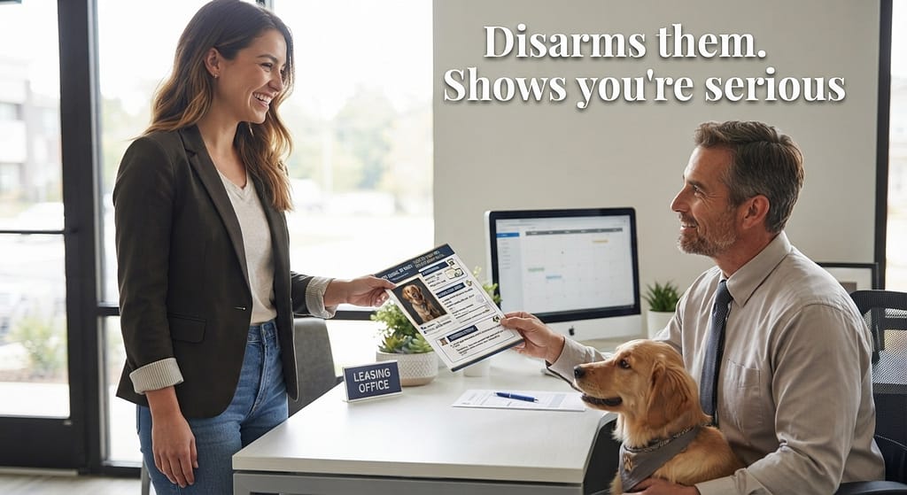 Pet resume pitch photo Owner handing resume to landlord, smiling. Text: "Disarms them. Shows you're serious