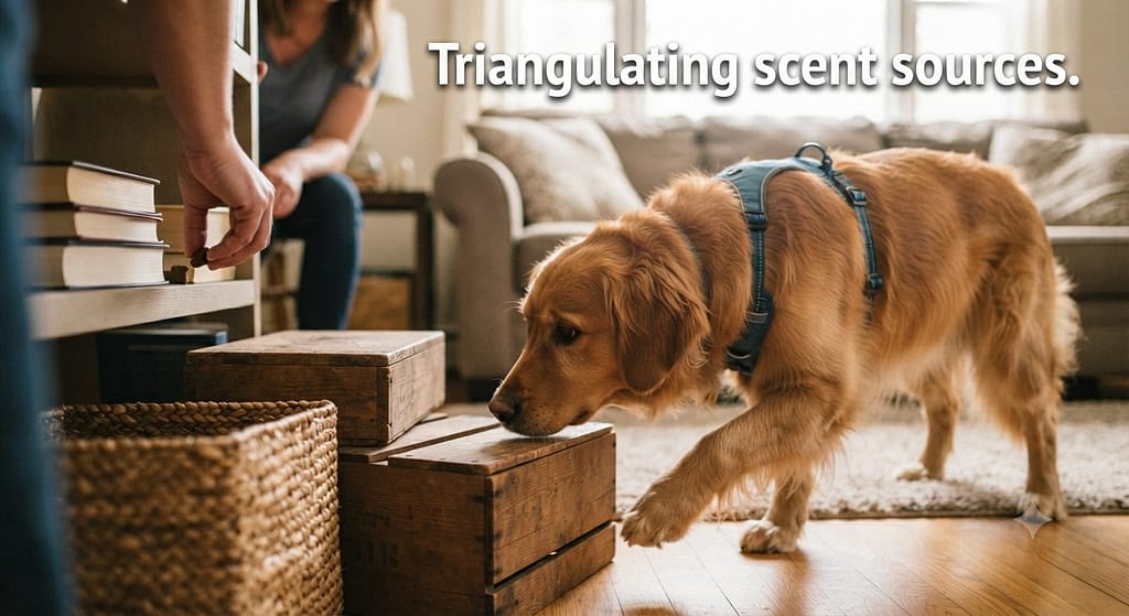 Treat hide photo Owner hiding treats, dog searching. Text: "Triangulating scent sources."