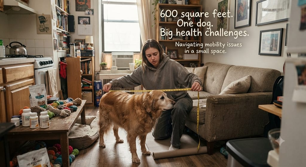 Relatable "small space" photo Owner in tiny apartment with dog, measuring tape visible. Text: "600 square feet. One dog. Big health challenges."