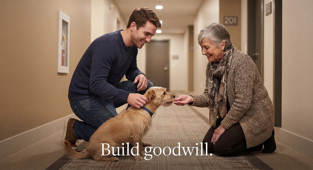 Good neighbor photo Owner introducing dog to neighbor with treats. Text: "Build goodwill."