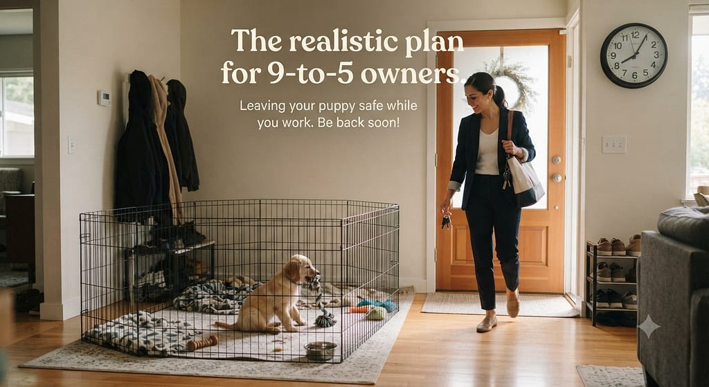 Clock + working owner photo Owner leaving for work, puppy in pen setup. Text: "The realistic plan for 9-to-5 owners."