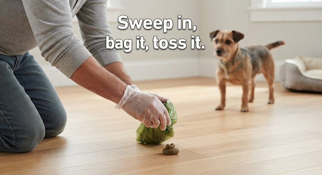 Coprophagia solution photo Owner picking up poop immediately. Text: "Sweep in, bag it, toss it."