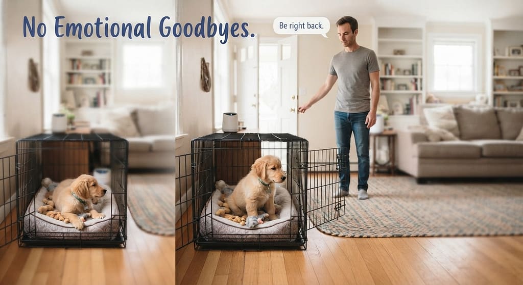 Owner at door photo Owner saying "Be right back" calmly. Text: "No emotional goodbyes."