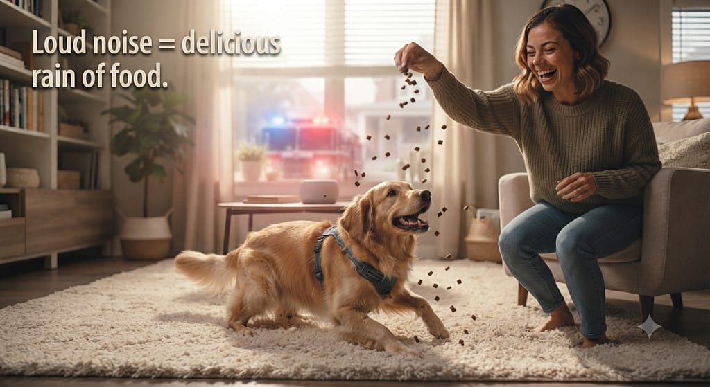 Treat scatter action photo Owner scattering treats, cheerful, real siren in background. Text: "Loud noise = delicious rain of food."