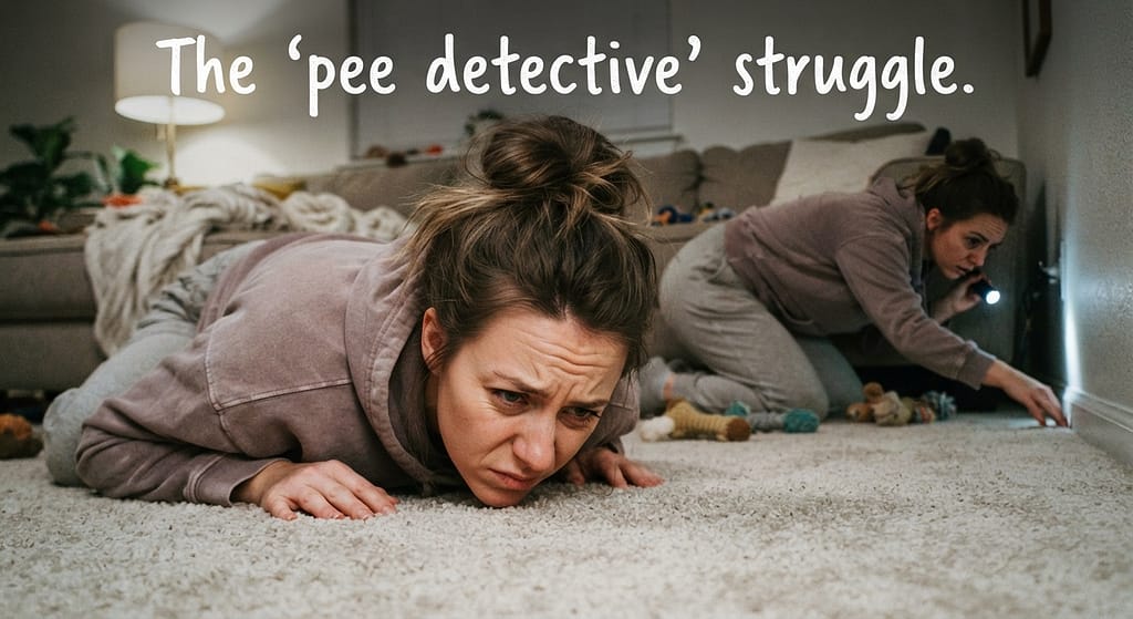 Relatable "pee detective" photo Owner sniffing carpet, checking behind sofa, frustrated expression. Text: "The 'pee detective' struggle."