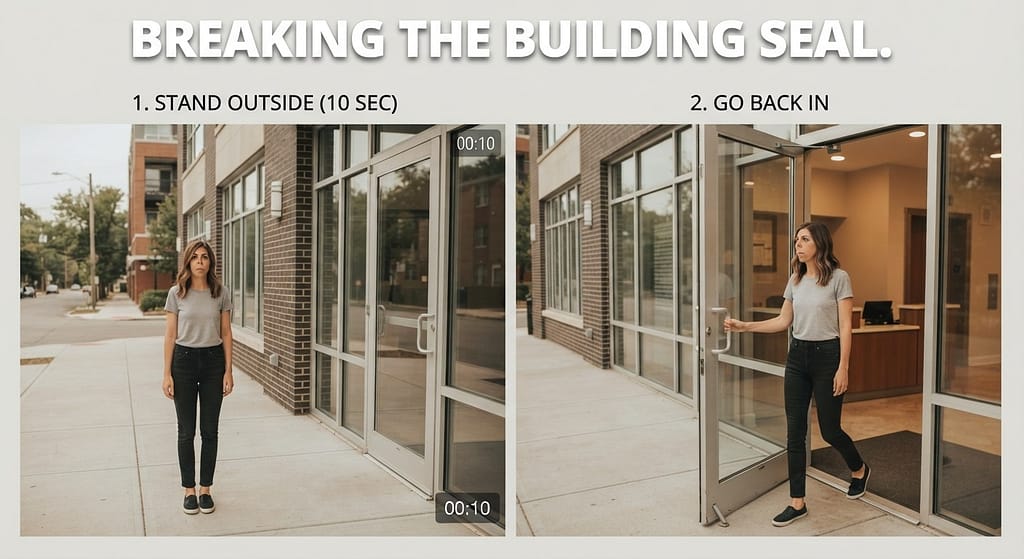 Outside flit photo Owner standing outside building for 10 seconds, then going back in. Text: "Breaking the building seal."