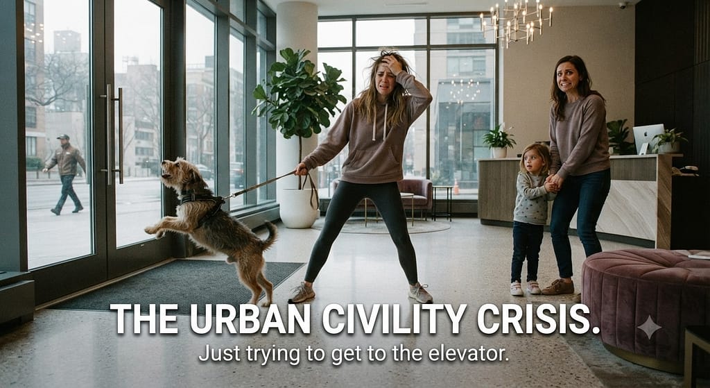 Relatable "lobby fail" photo Owner struggling with dog in building lobby, neighbor with child looking uncomfortable. Text: "The urban civility crisis."