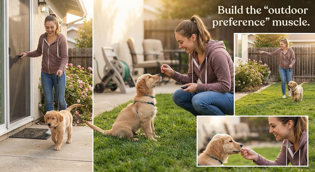 Weekend training photo Owner taking puppy outside frequently, rewarding. Text: "Build the 'outdoor preference' muscle."