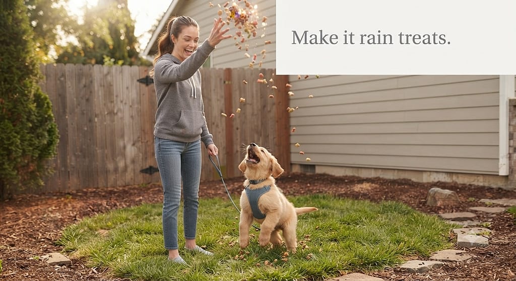 Treat celebration photo Owner throwing treat party. Text: "Make it rain treats."