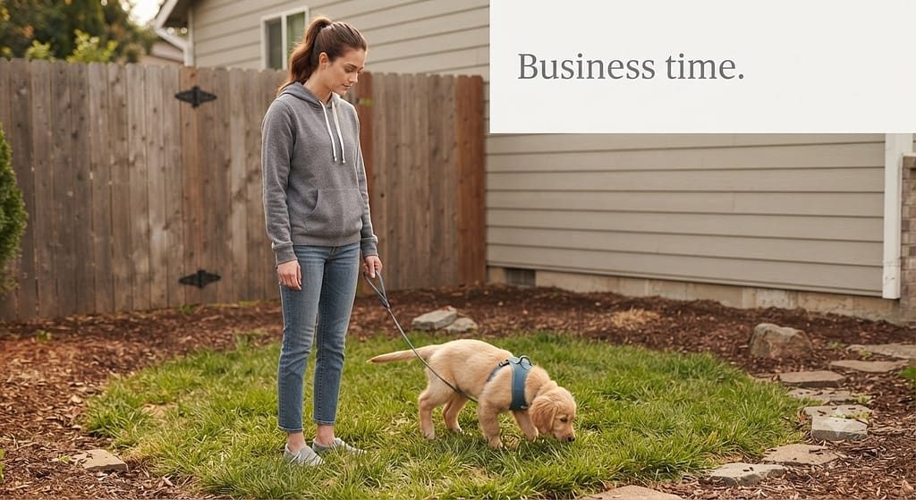 Standing at potty spot photo Owner waiting calmly at potty spot. Text: "Business time."