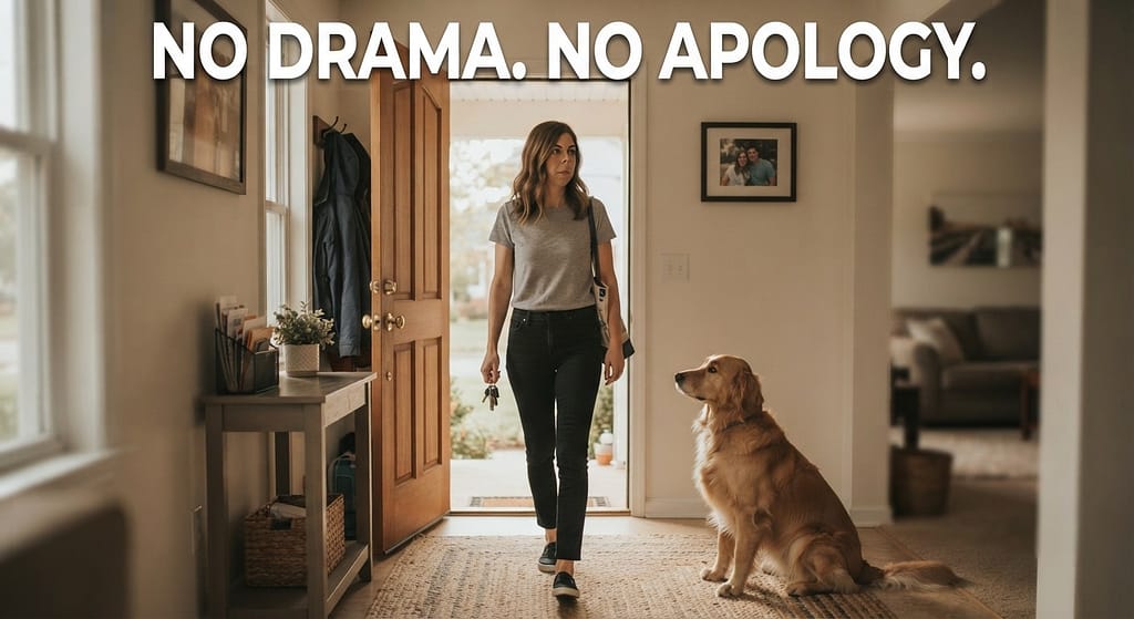 Ignoring dog on return photo Owner walking in calmly, not making eye contact, dog waiting. Text: "No drama. No apology."