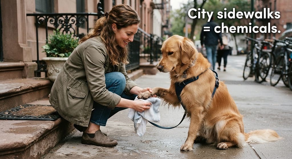 Paw wiping photo Owner wiping dog's paws after walk. Text: "City sidewalks = chemicals."