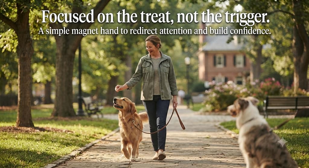 Magnet hand action photo Owner with treat at dog's nose level, walking past trigger. Text: "Focused on the treat, not the trigger."