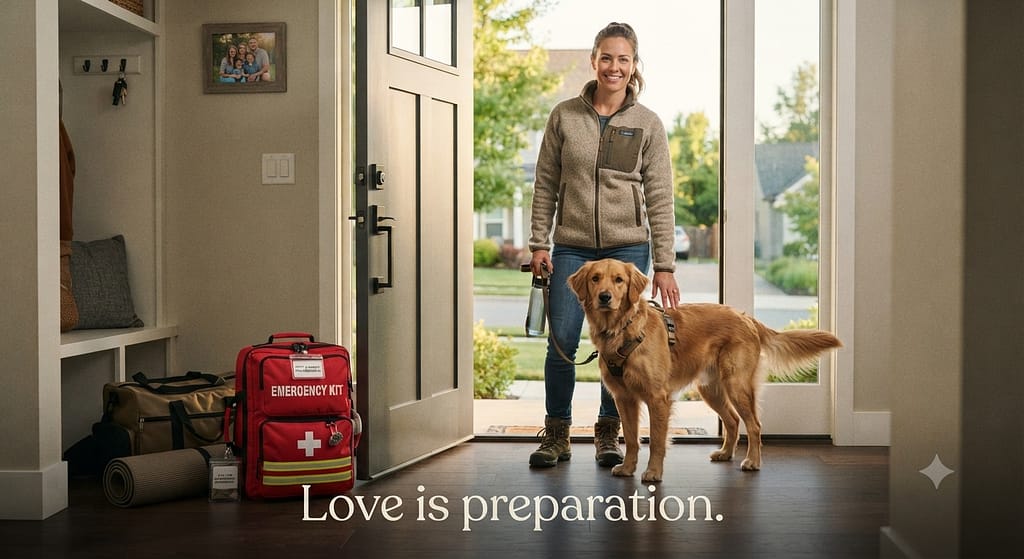 Aspirational hero photo Packed emergency kit by door, calm owner, ready dog. Text: "Love is preparation."