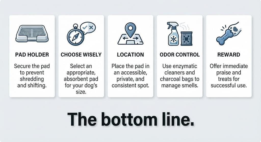 Studio pad rules graphic 5 rules with icons: Pad Holder, Choose Wisely, Location, Odor Control, Reward. Text: "The bottom line."