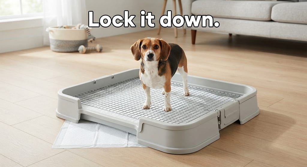 Grate tray photo Pad securely under grate, dog can't shred. Text: "Lock it down."