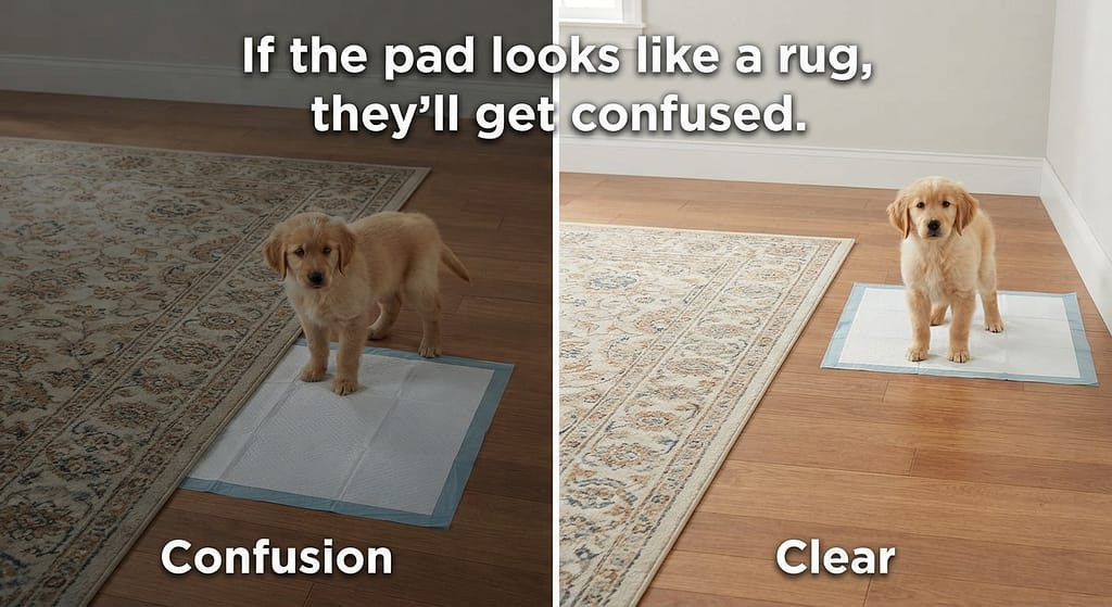 Rug vs pad comparison Pad too close to rug (confusion) vs Pad far from rug (clear). Text: "If the pad looks like a rug, they'll get confused."