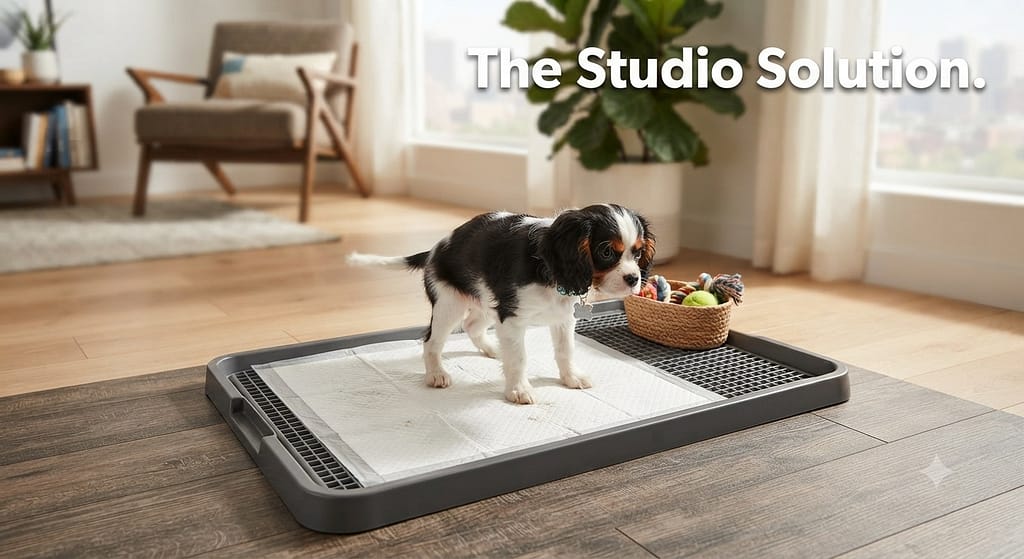 Potty pad hero photo Pad with grid holder, puppy using it. Text: "The Studio Solution."