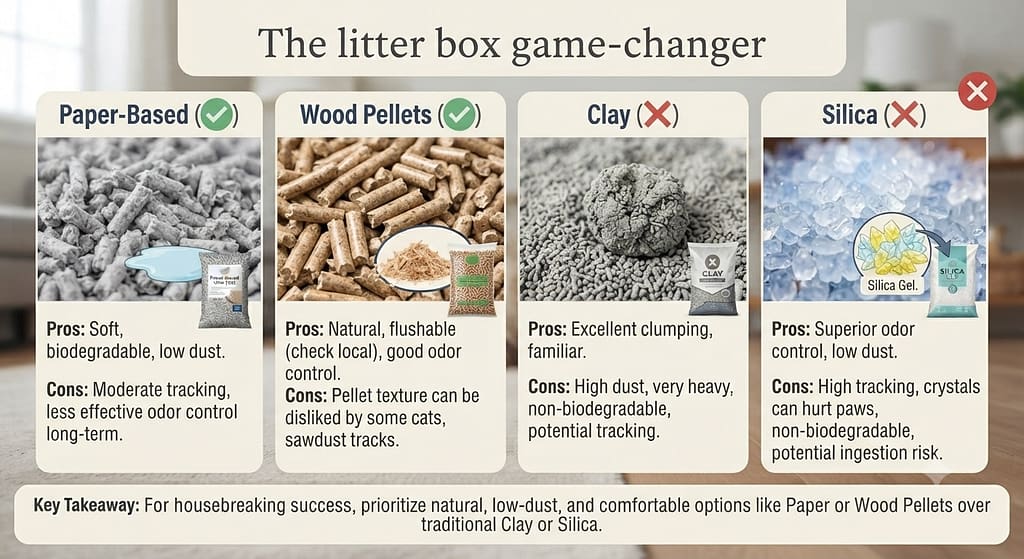 Litter products comparison Paper-based (✅), Wood pellets (✅), Clay (❌), Silica (❌). Text: "The litter box game-changer."
