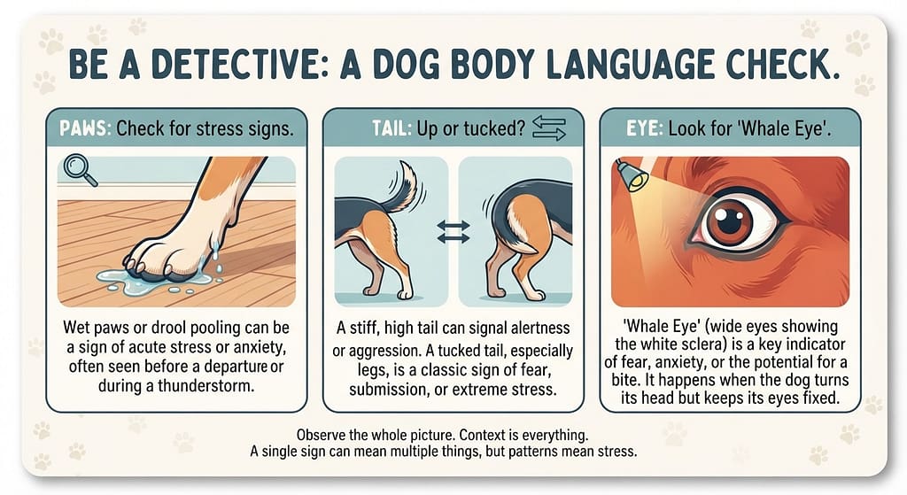 Dog body language check graphic Paws (wet/drool), Tail (up/tucked), Eye (whale eye). Text: "Be a detective."
