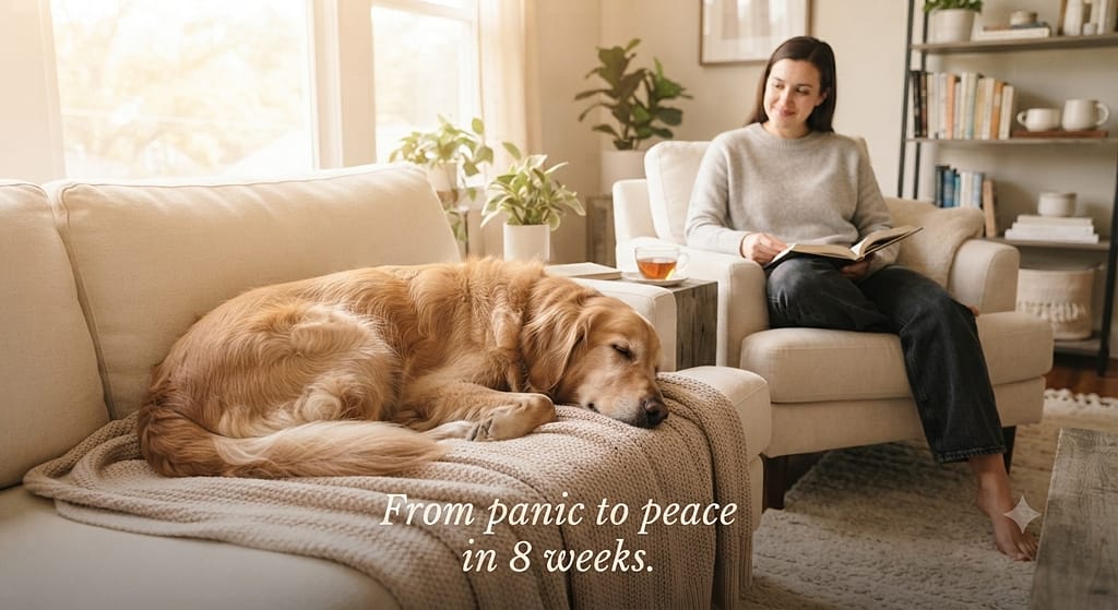 Aspirational hero photo Peaceful apartment, calm dog resting, owner relaxed. Text: "From panic to peace in 8 weeks."