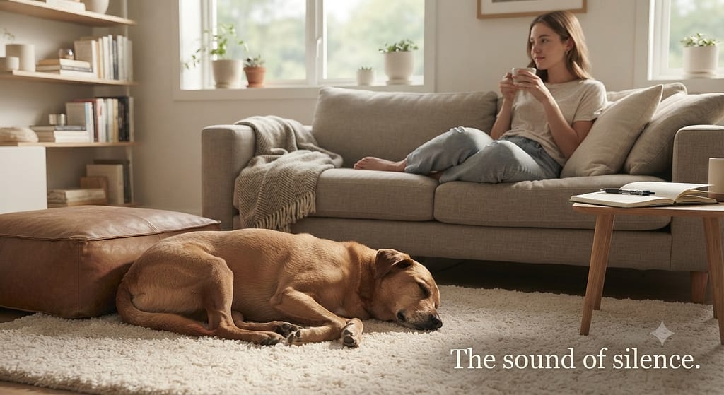 "After" hero photo Peaceful apartment, calm dog resting, owner relaxed. Text: "The sound of silence."