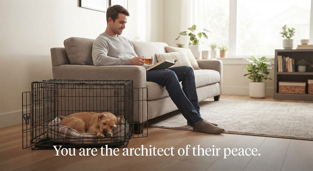 "After" hero photo Peaceful dog sleeping in crate, owner relaxed, quiet apartment. Text: "You are the architect of their peace."