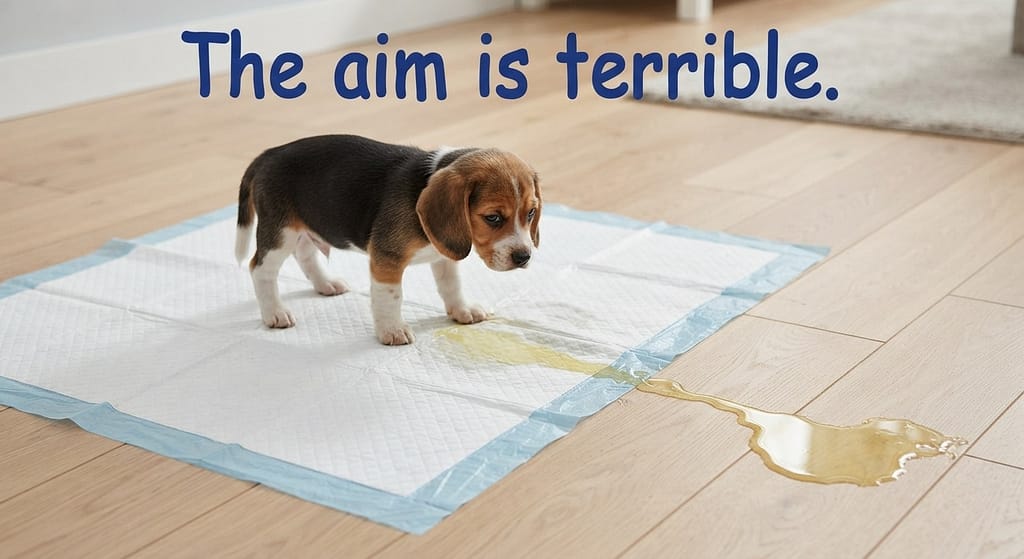 Missed edge photo Pee running off pad edge. Text: "The aim is terrible."