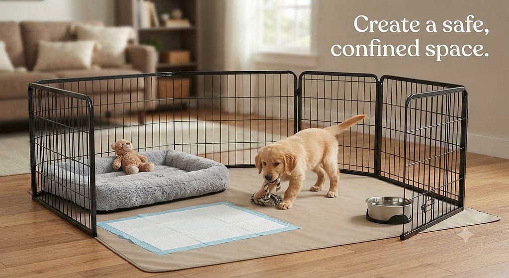 Puppy pen setup photo Pen with bed, potty pad, water bowl. Text: "Create a safe, confined space."