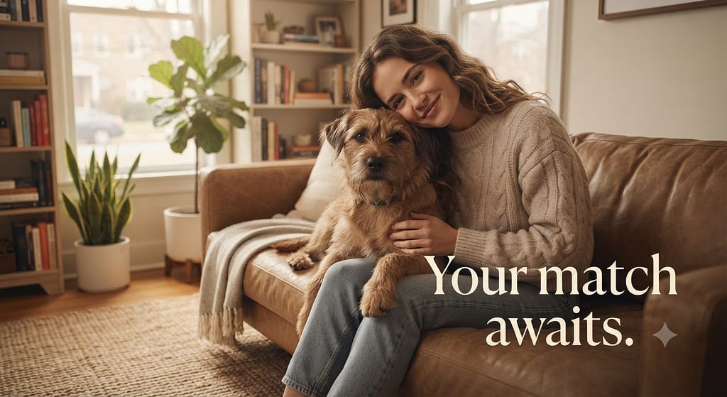 After" hero photo Perfect match: owner and dog in cozy apartment, happy and content. Text: "Your match awaits."