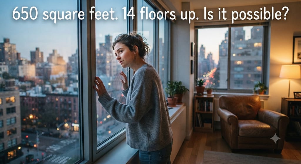 Relatable "apartment dilemma" photo Person looking out city apartment window, pensive expression, dog-less apartment. Text: "650 square feet. 14 floors up. Is it possible?"