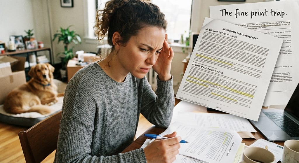 Relatable "fine print" photo Person reading lease, stressed expression, pen in hand, dog nearby. Text: "The fine print trap."