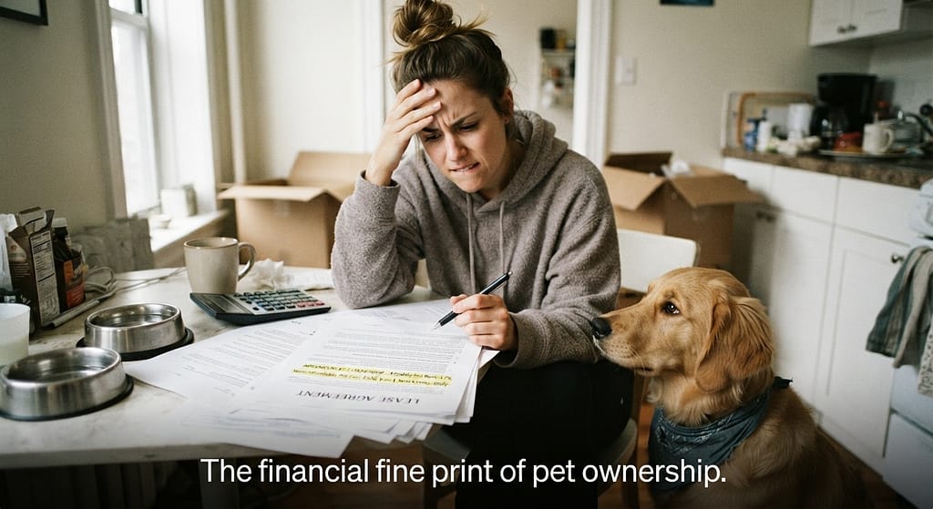 Relatable "lease anxiety" photo Person reading lease with stressed expression, dog looking up, pen in hand. Text: "The financial fine print of pet ownership."