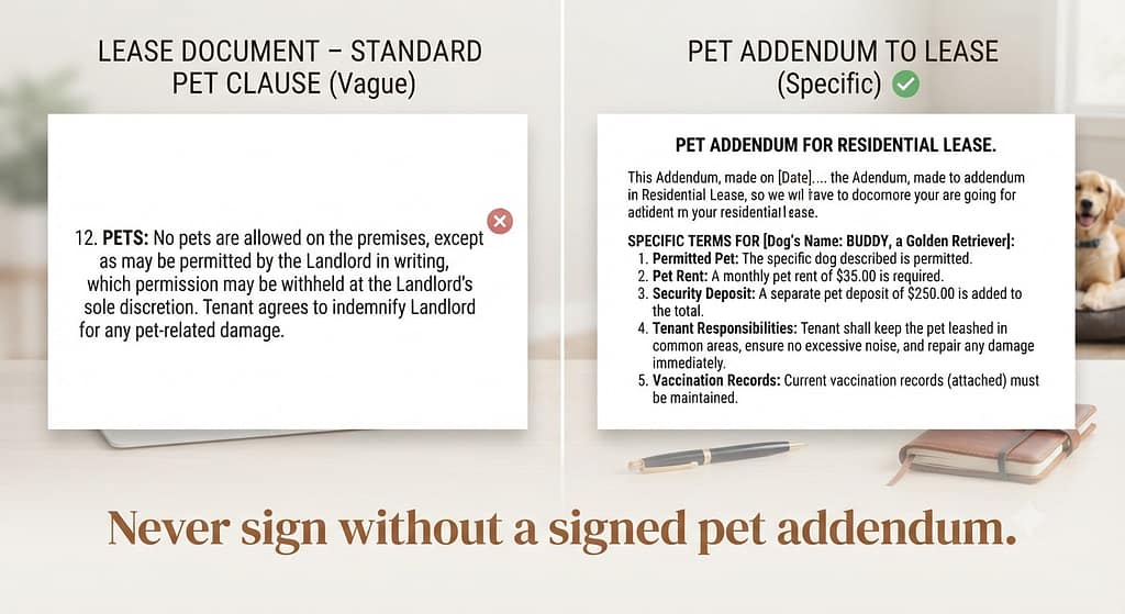 Lease document comparison Pet Clause (vague) vs Pet Addendum (specific). Text: "Never sign without a signed pet addendum."