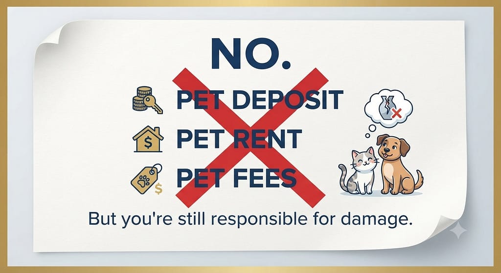 Red X over pet fees Pet deposit, pet rent, pet fees crossed out. Text: "NO. But you're still responsible for damage."