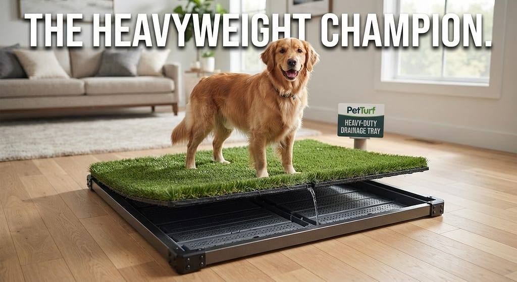 Synthetic turf system hero photo PetTurf system with drainage tray, dog using it. Text: "The heavy-weight champion."