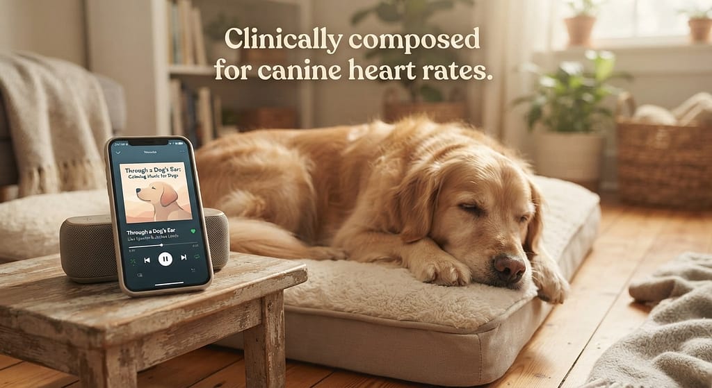Dog-calming music photo Phone/device playing "Through a Dog's Ear." Text: "Clinically composed for canine heart rates."