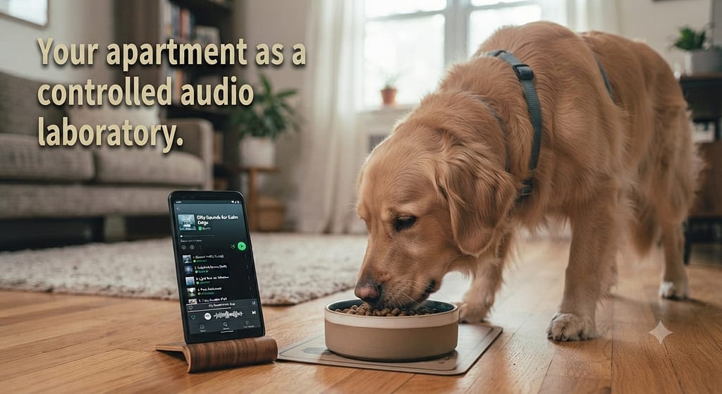 Phone + playlist photo Phone playing city sounds, dog eating calmly. Text: "Your apartment as a controlled audio laboratory."