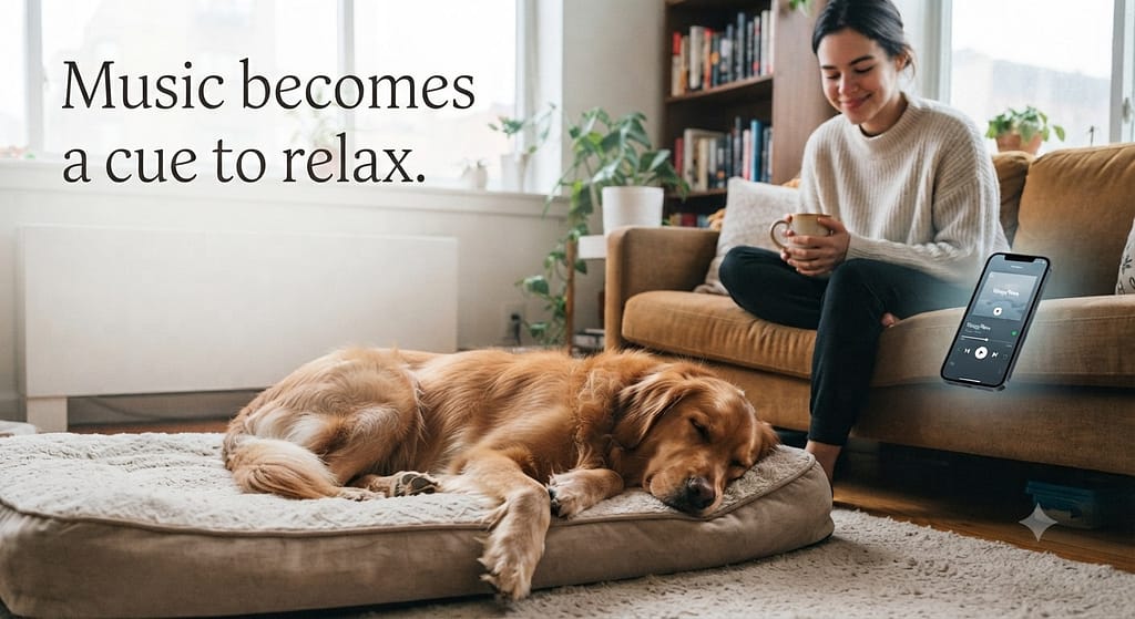 Music + calm dog photo Phone playing music, dog relaxed. Text: "Music becomes a cue to relax."